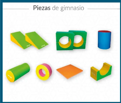 Kit de gimnasio de 9 piezas con formas variadas incluyendo rampas, cilindros y bloques con agujeros